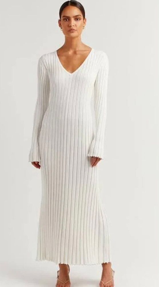 Dissh Reign Sleeved Knit Midi Dress White