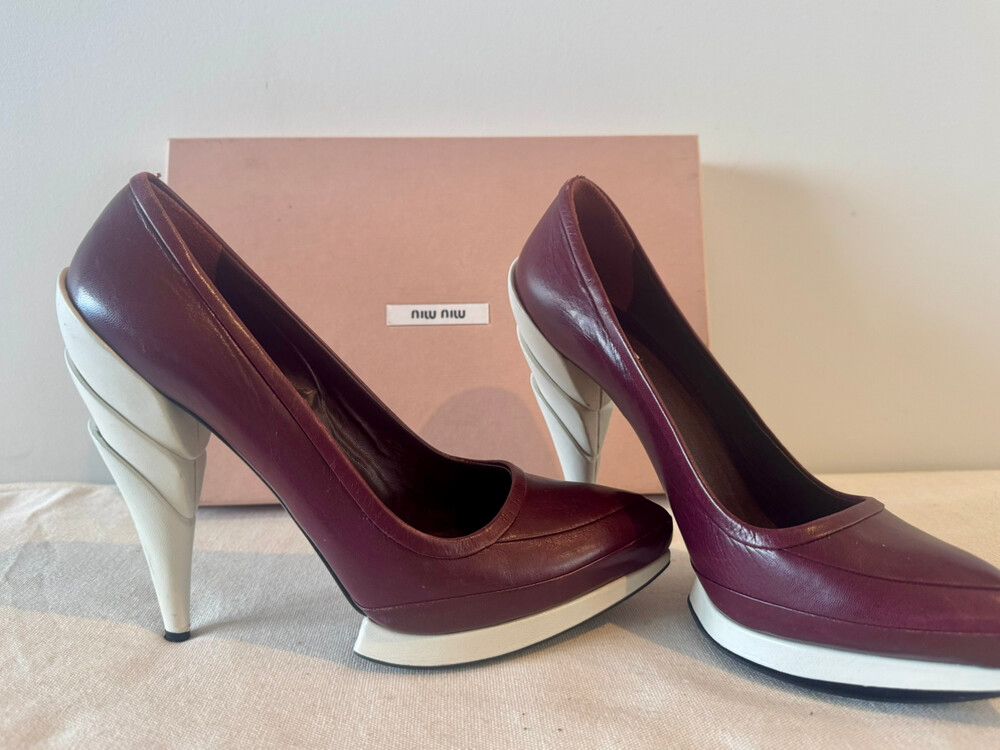 Miu Miu Burgundy Leather Sculptural Heel Pumps