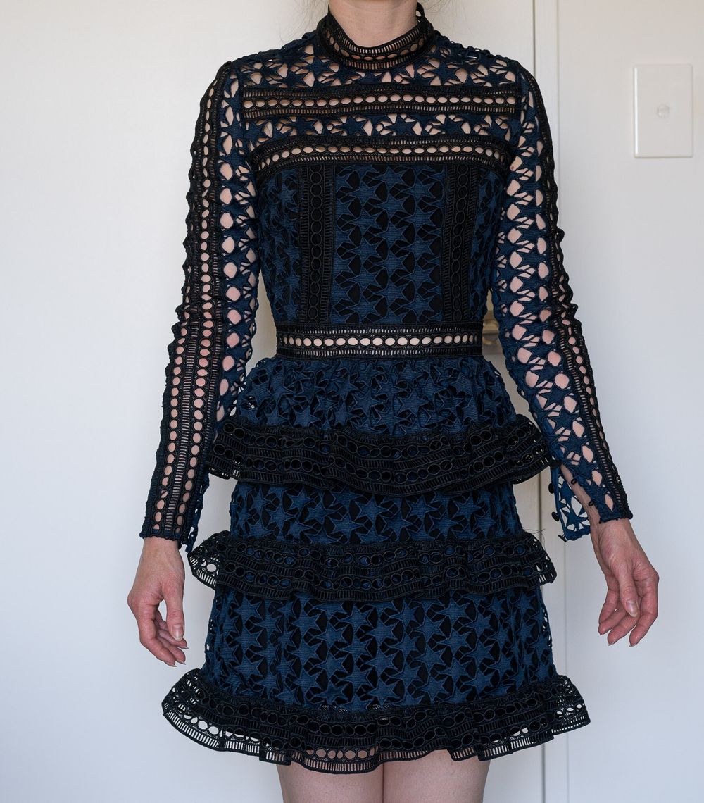 chinese dress ladies Self Portrait UK10 Black/Navy Lace Dress with Layered Skirt – FADVault
