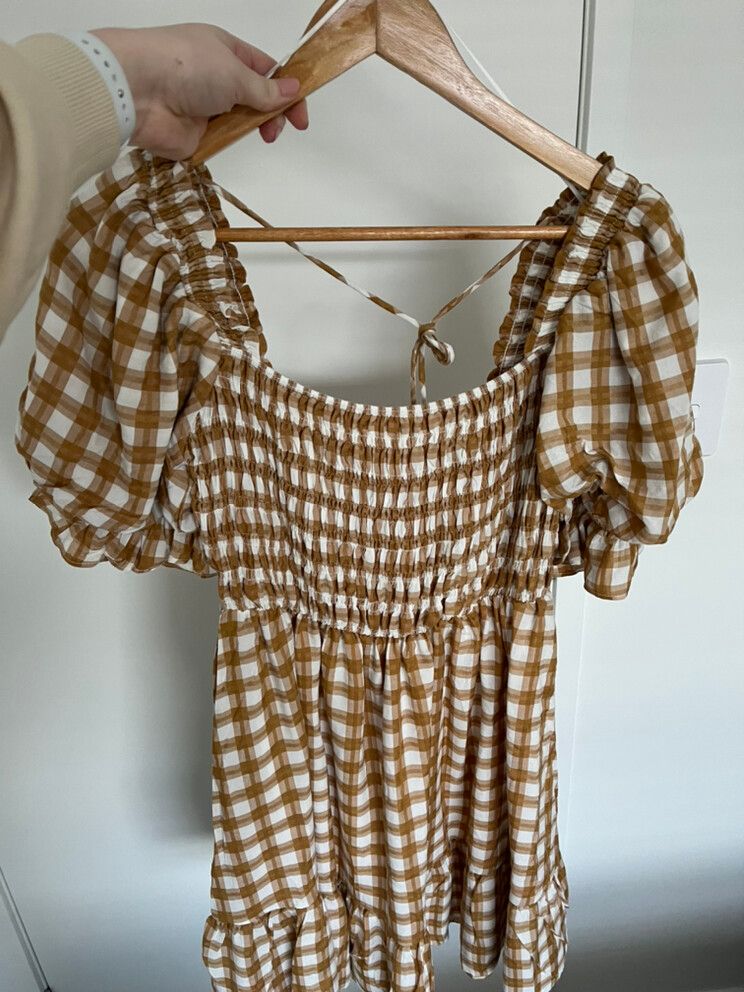 brown gingham dress princess polly Kolbie Boat Neck Frill Mini Dress | Brown Gingham | Womens main image 0