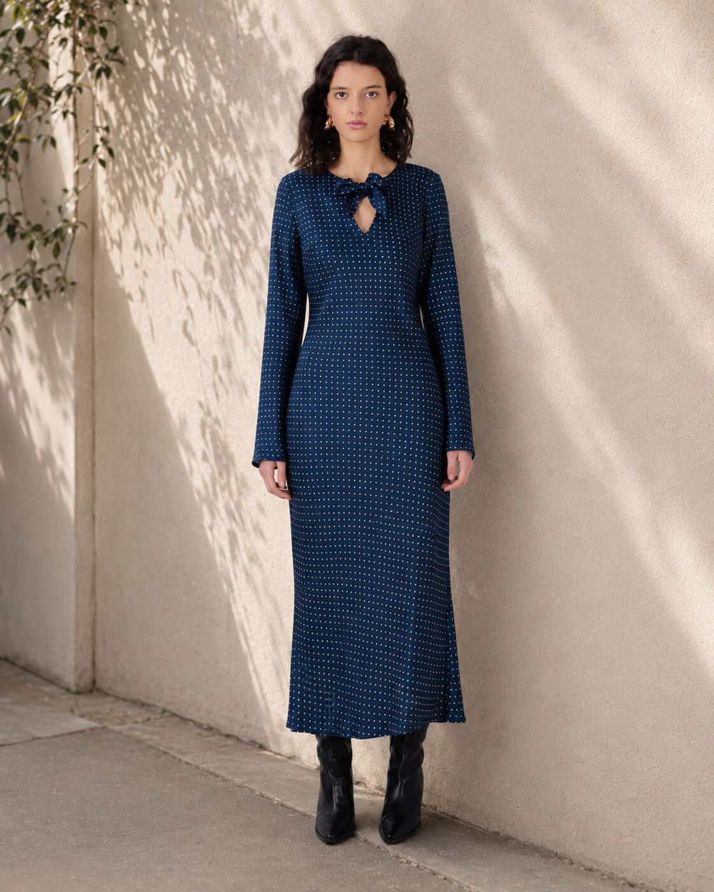 Made in Italy Navy Polka Dot Bow Maxi Dress