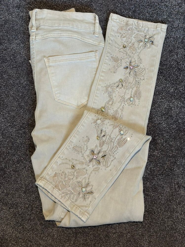Frank Lyman beige diamanté embroidered jeans