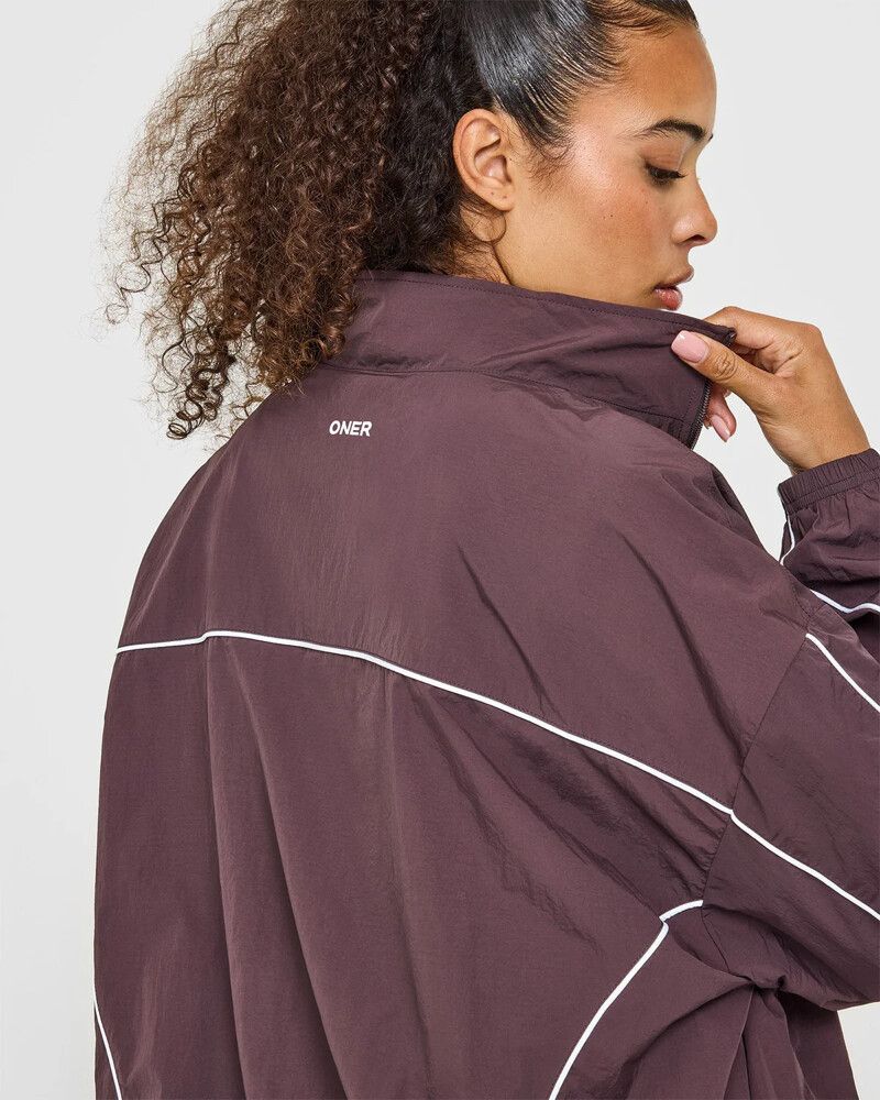 Oversized Piped Woven Track Jacket | Deep Umber Brown - L