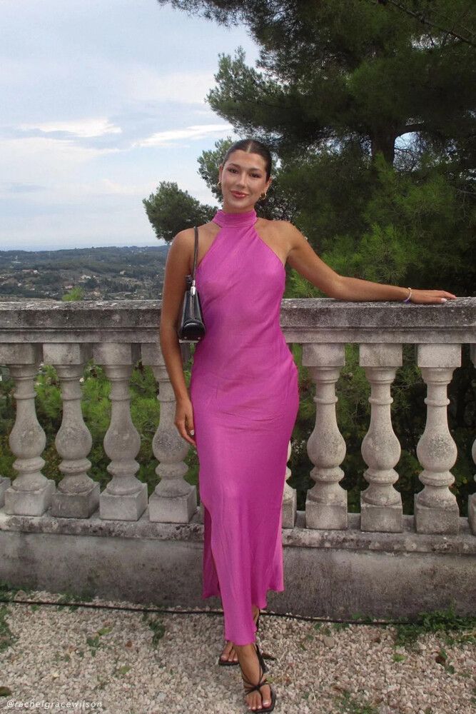 Meshki - Claire satin drape back maxi dress pink on Designer Wardrobe