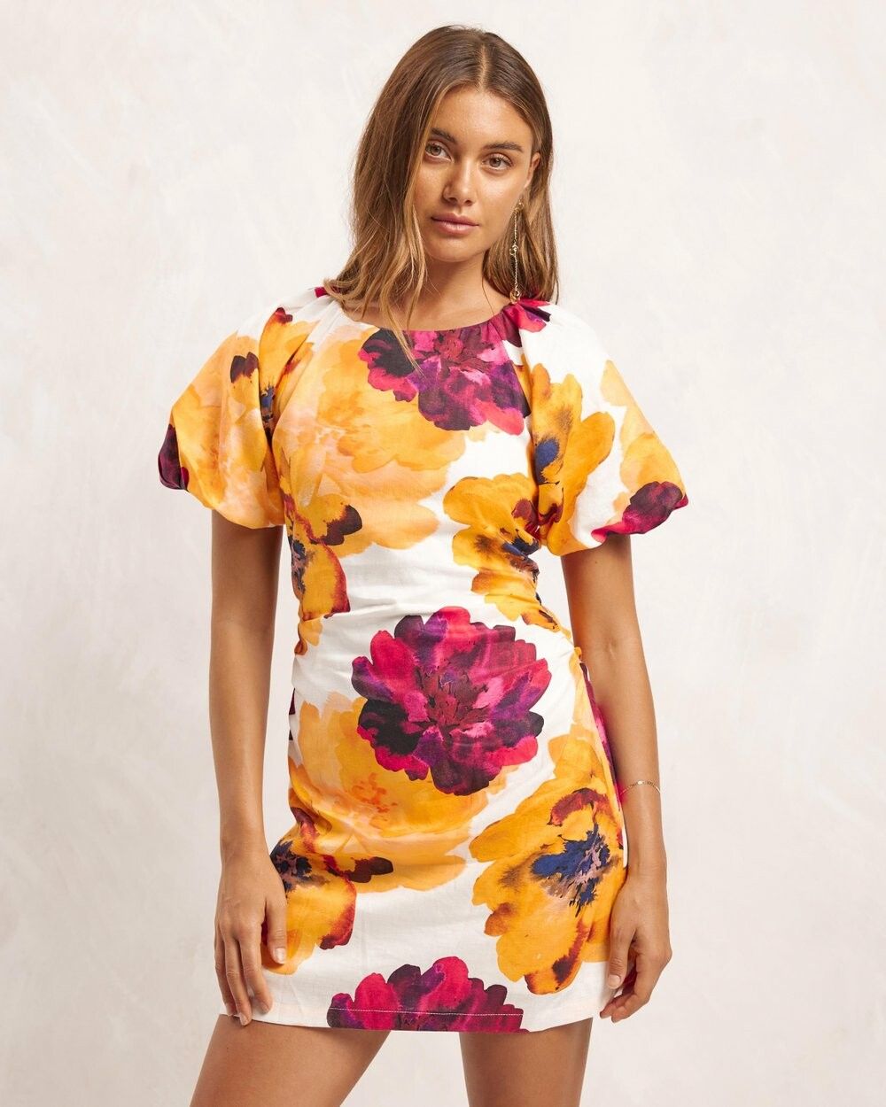 Aere - Leila Floral Puff Sleeve Linen Mini Dress on Designer Wardrobe