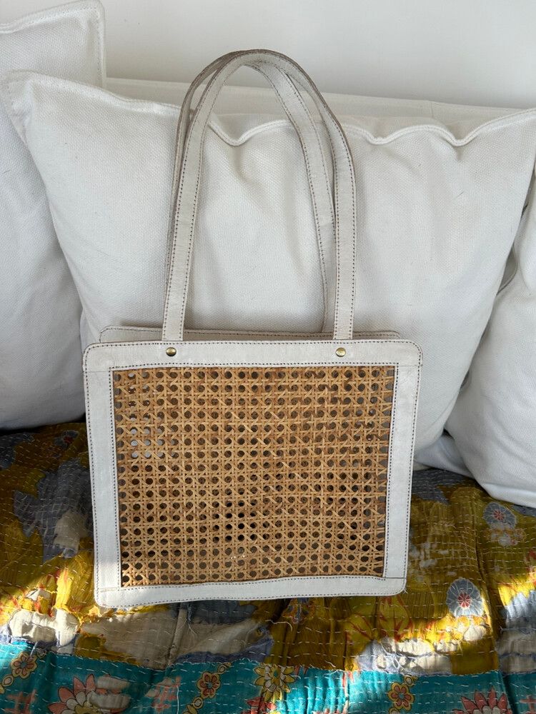 White painted leather rattan summer bag