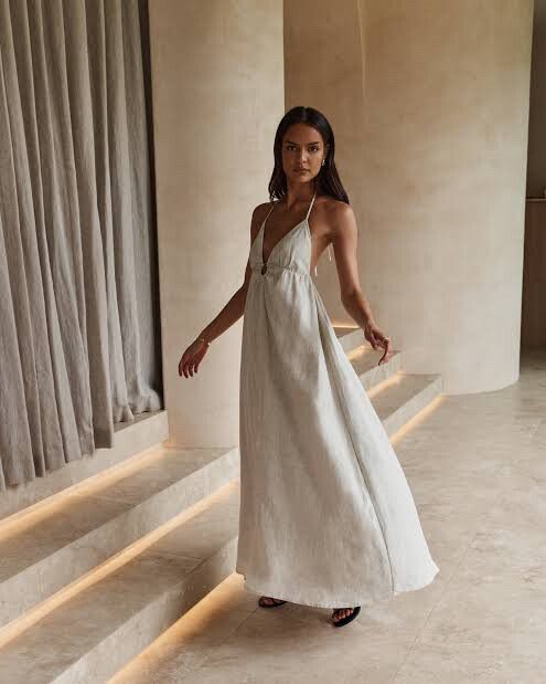 DISSH - DISSH Natural Linen Halter Maxi on Designer Wardrobe DISSH - DISSH Natural Linen Halter Maxi on Designer Wardrobe