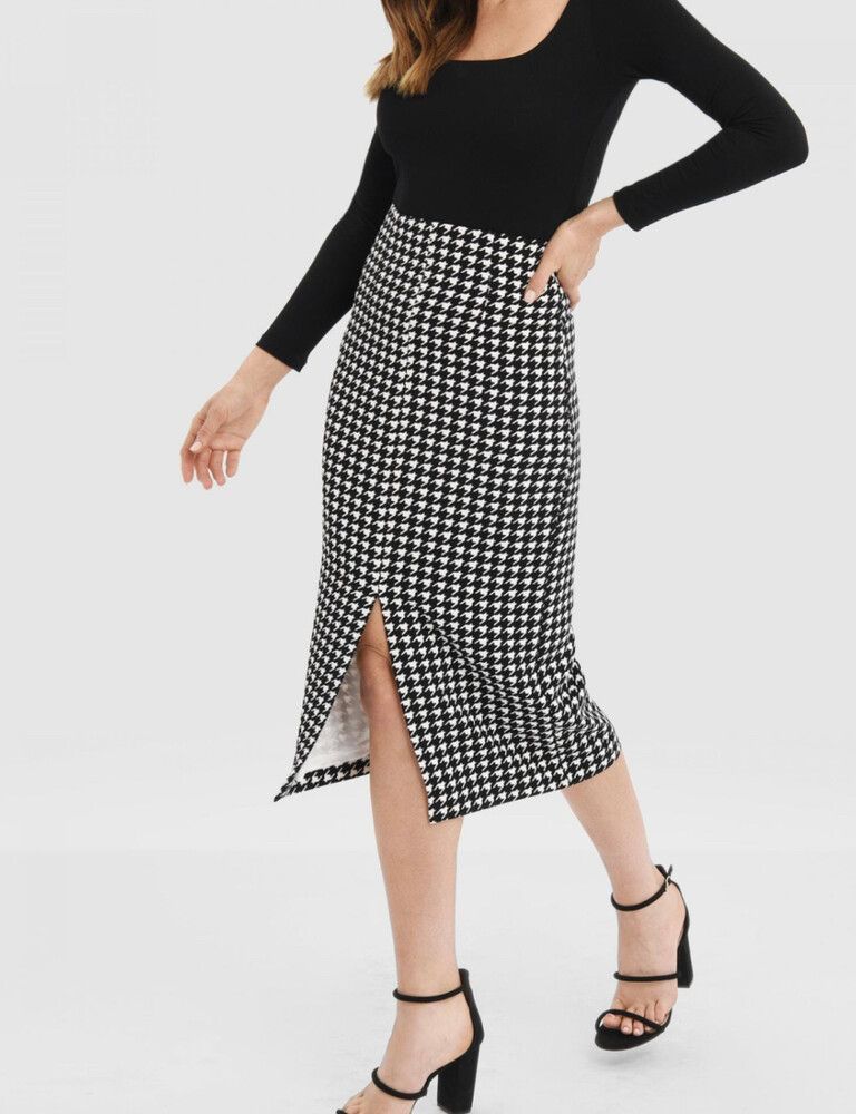 Forcast Houndstooth Split Front Midi Pencil Skirt – Black/White – Size 10