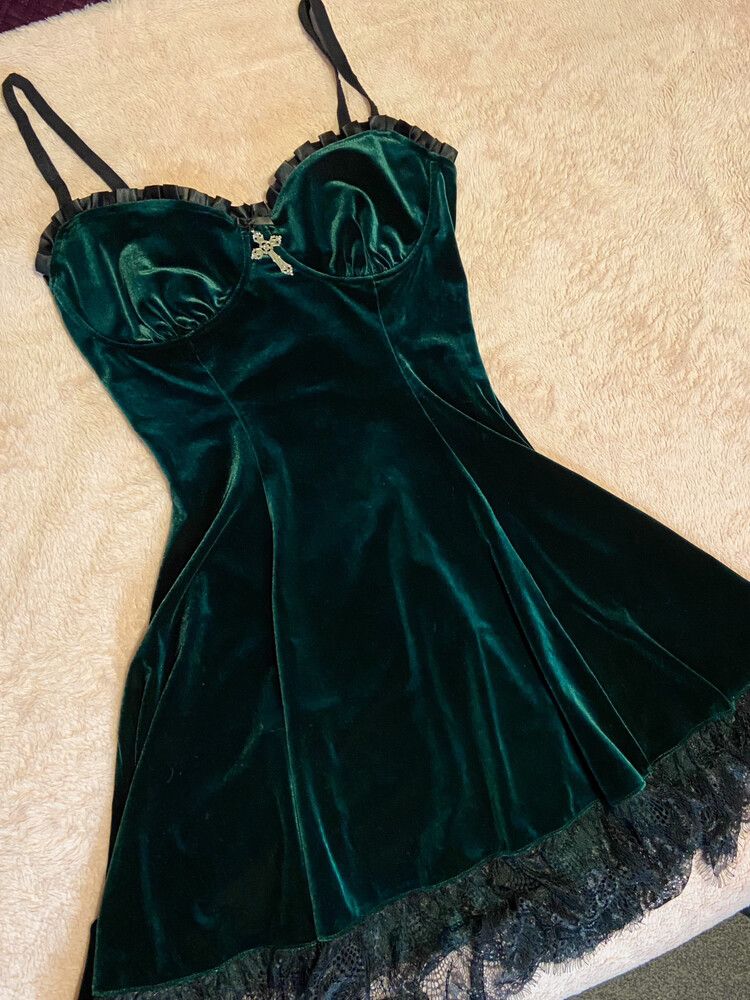 green emerald velvet dress Current Mood Fairy Fairycore Princess Royalcore Mini Lace Dress main image 0