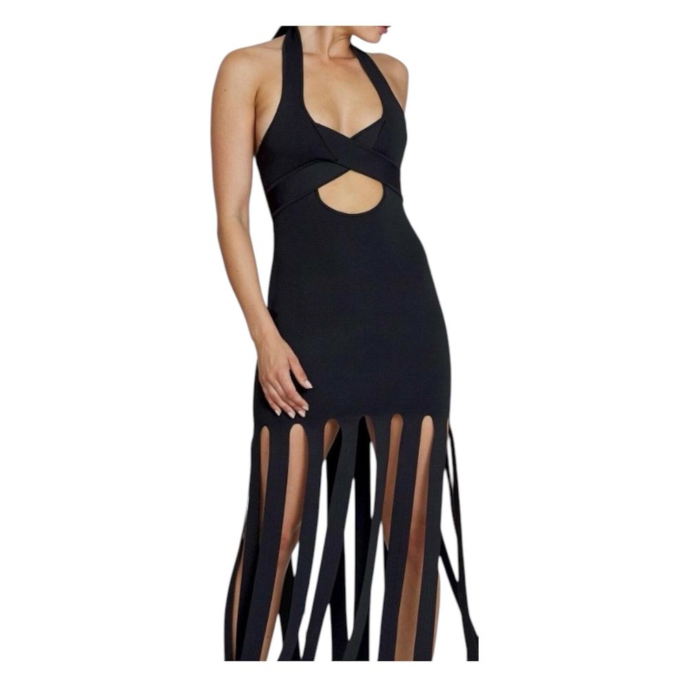 BY JOHNNY Felicity Fringe Knit Dress Black sz S BNWT
