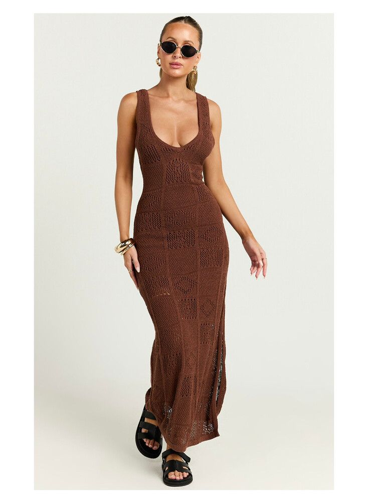 Showpo - Brown Crochet Knit Dress on Designer Wardrobe Showpo - Brown Crochet Knit Dress on Designer Wardrobe