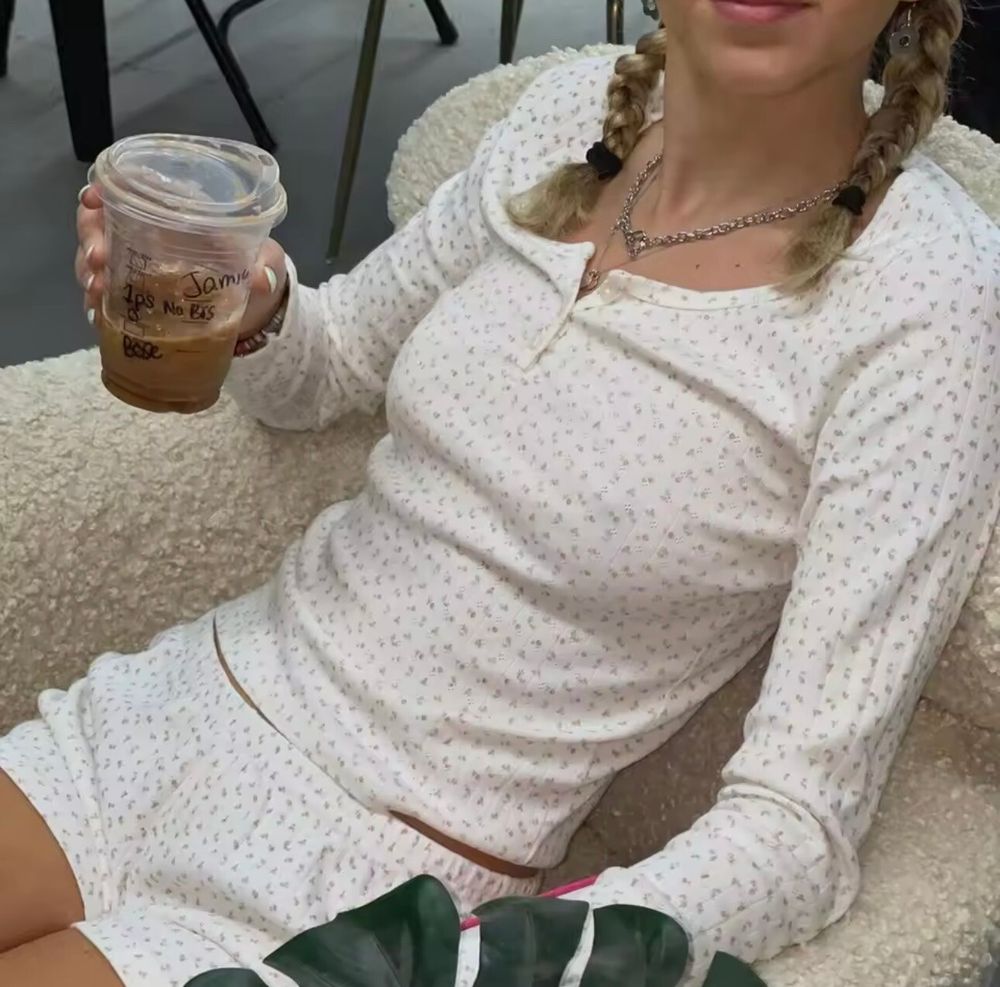brandy Melville long sleeve White Floral Ribbed Henley Top