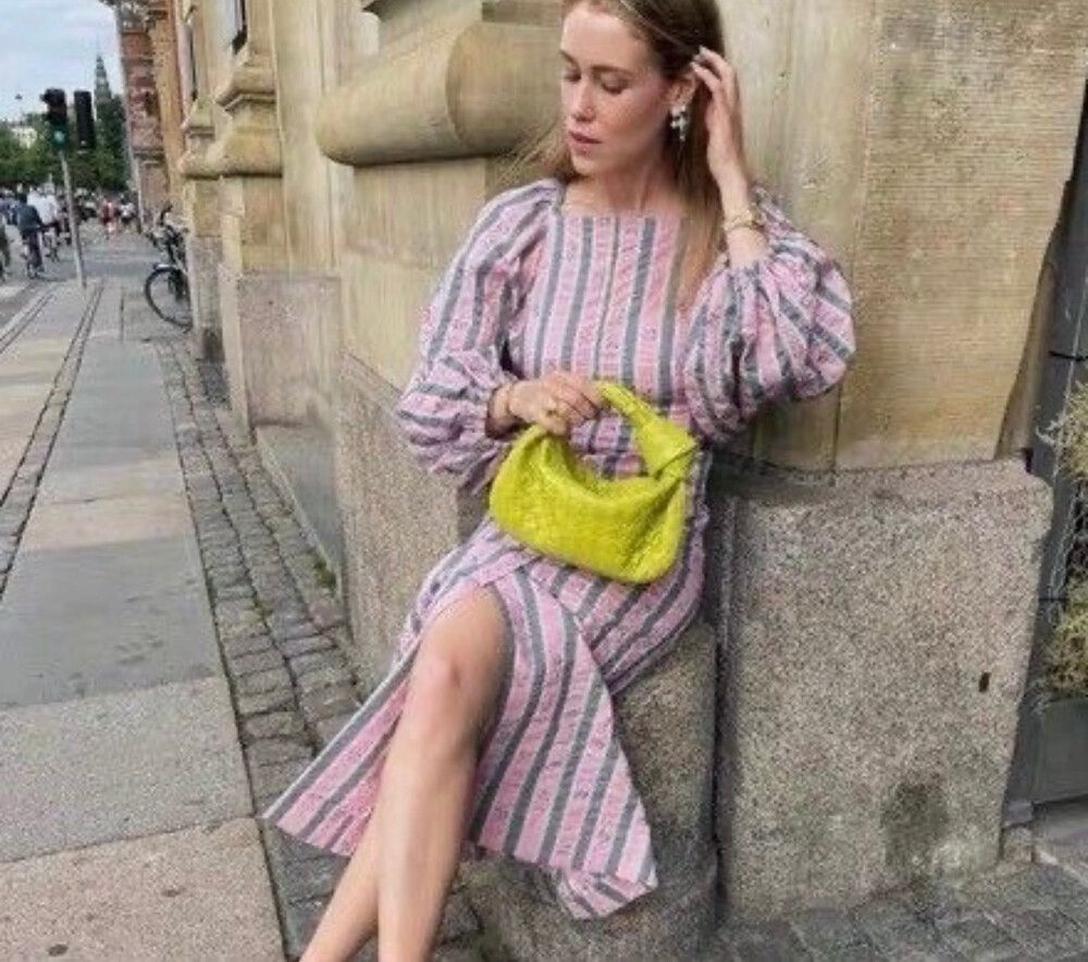 ganni seersucker dress pink Ganni Stretch Seersucker Maxi Dress