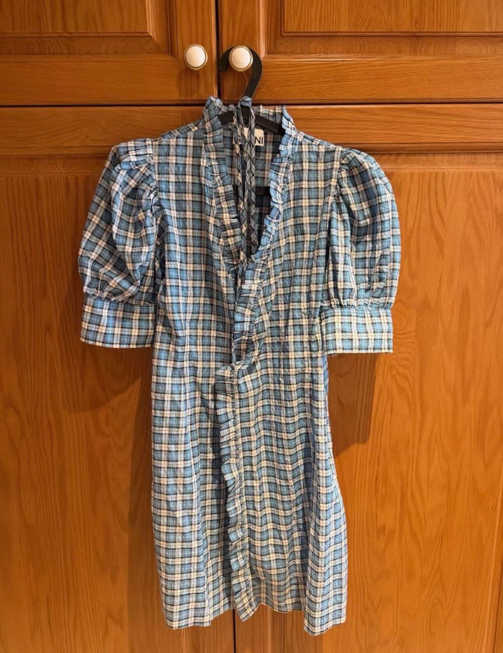 ganni blue plaid dress Ganni Plaid Print Mini Dress - Blue Dresses, Clothing - WZG130145