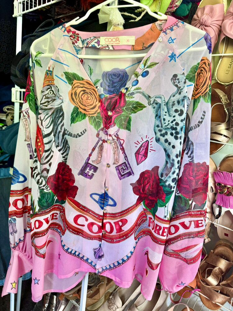 ‘ Coop’ by Trisse Cooper,  Pop Heart  shirt with glass buttons