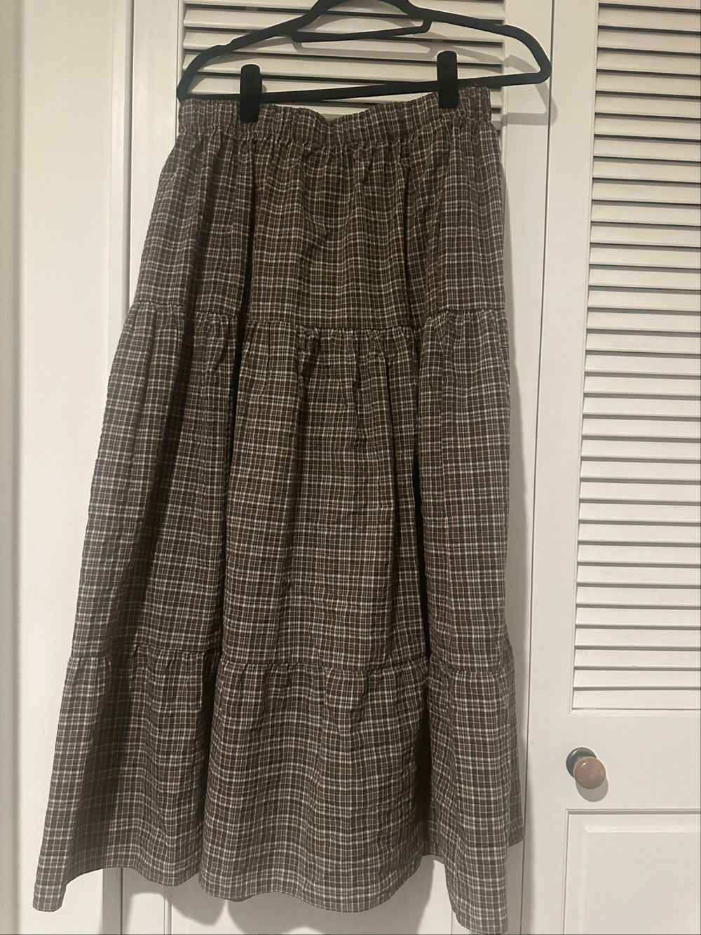 Brown Plaid Tiered Midi Skirt