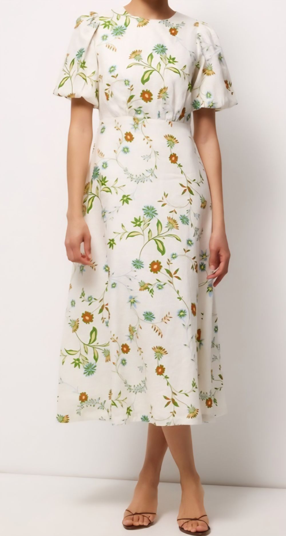 AERE White Floral Midi Dress Linen