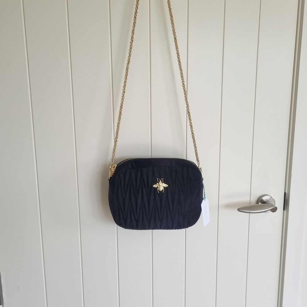 Blue Illusion Black Quilted Velvet Bee Crossbody Bag with Gold Details