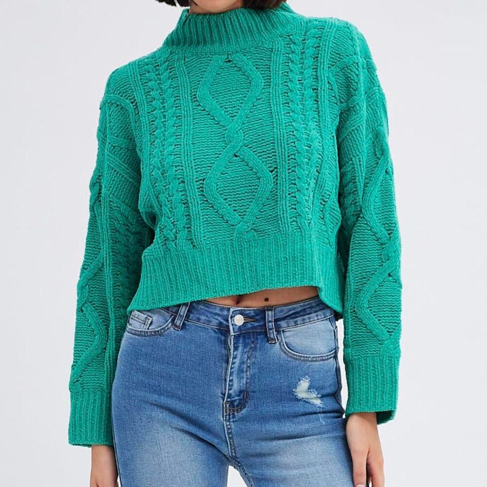 ALLY: Green Cable Knit Jumper Long Sleeve - Size Small