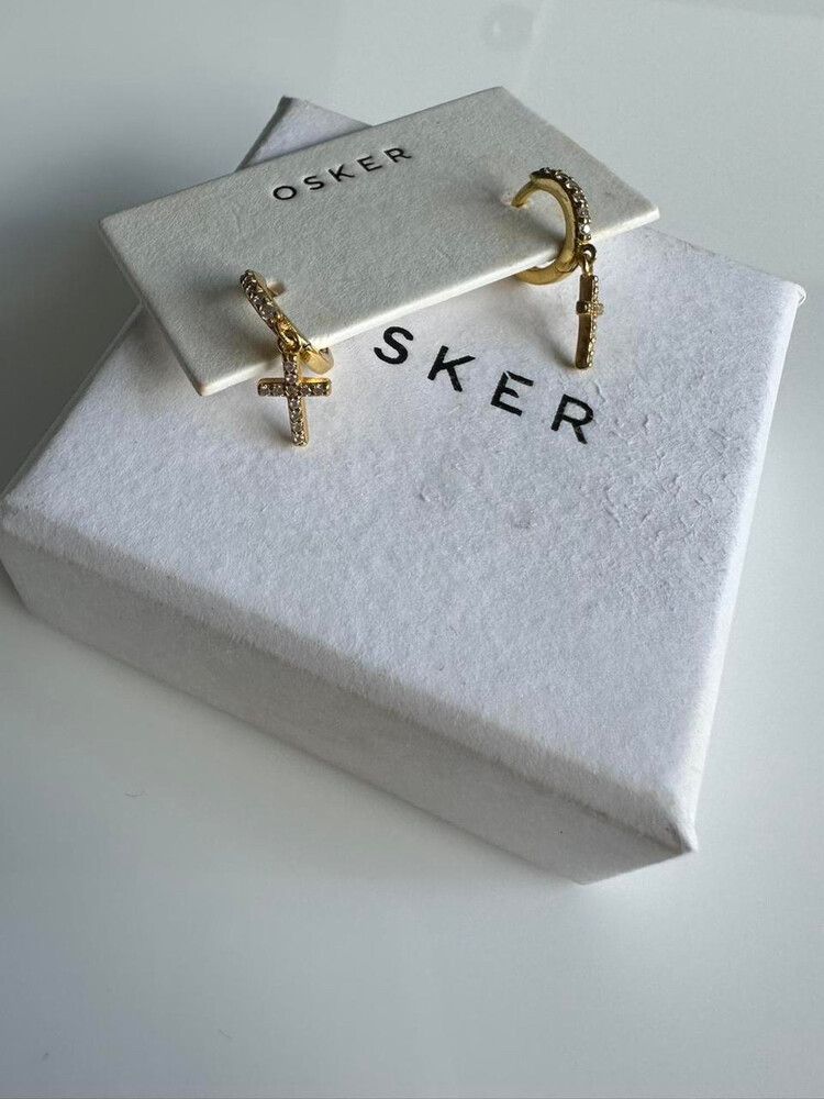 OSKER Huggy Hoops: Gold Cross Dangly Hoops