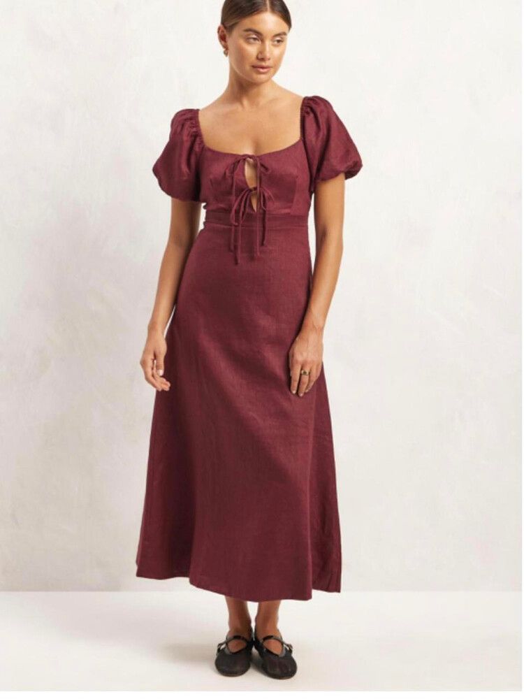 AERE: Linen Soft Puff Sleeve Tie Front Midi Dress - Size 8