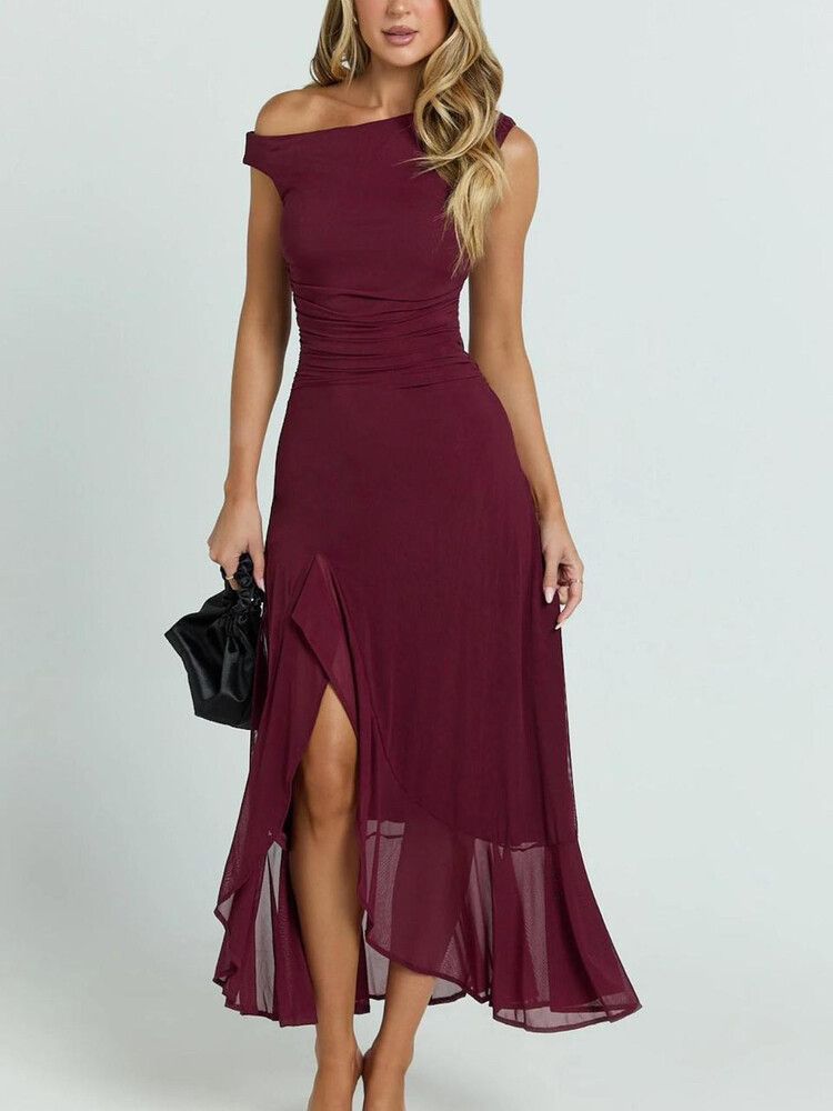 SHOWPO:  Judee Midi Dress - One Shoulder High Side Split Dress in Wine  Size: 6