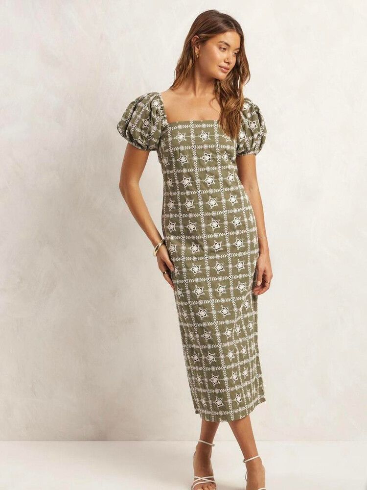 AERE: Puff Sleeve Organic Cotton Broderie Dress - Size: 6