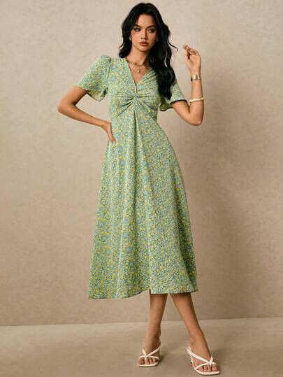SHEIN: Poselle Floral Twist Midi Dress Size: XS