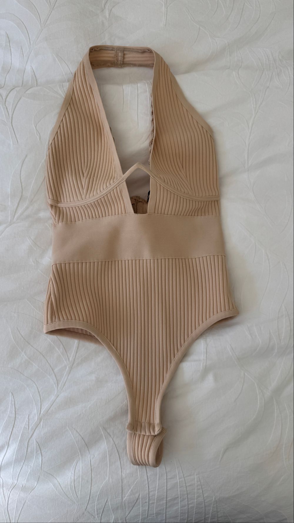PRETTYLITTLETHING Beige Ribbed Halter Bodysuit