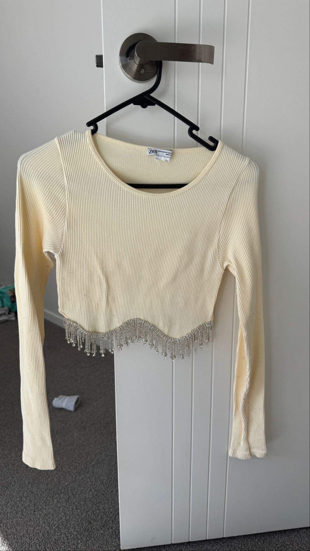 Zara Cream Ribbed Top With Beaded Hem