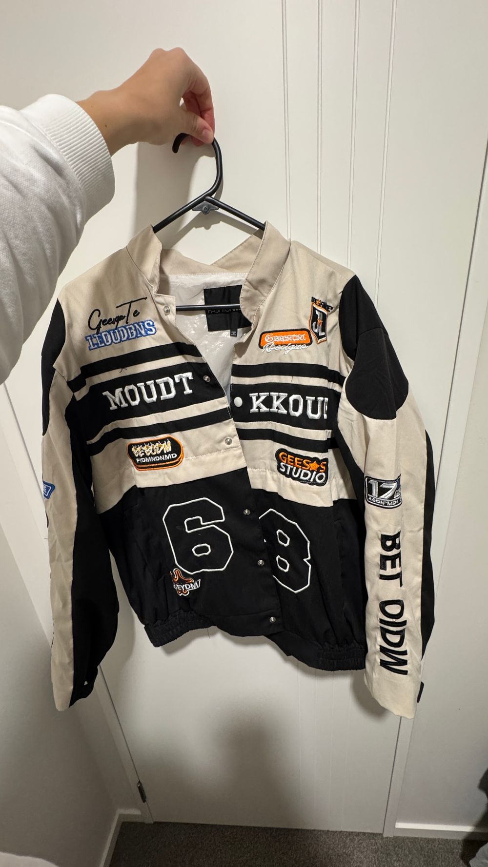 Fashion Nova Beige And Black Racing Jacket