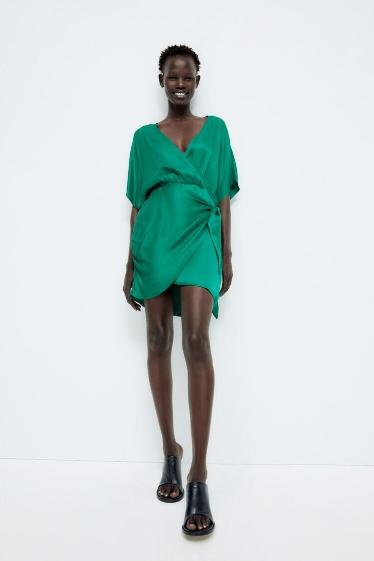 Zara - Satin apple-green wrap dress on Designer Wardrobe