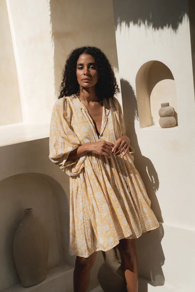 Daughters of India - Kyra Mini Dress Cumin on Designer Wardrobe