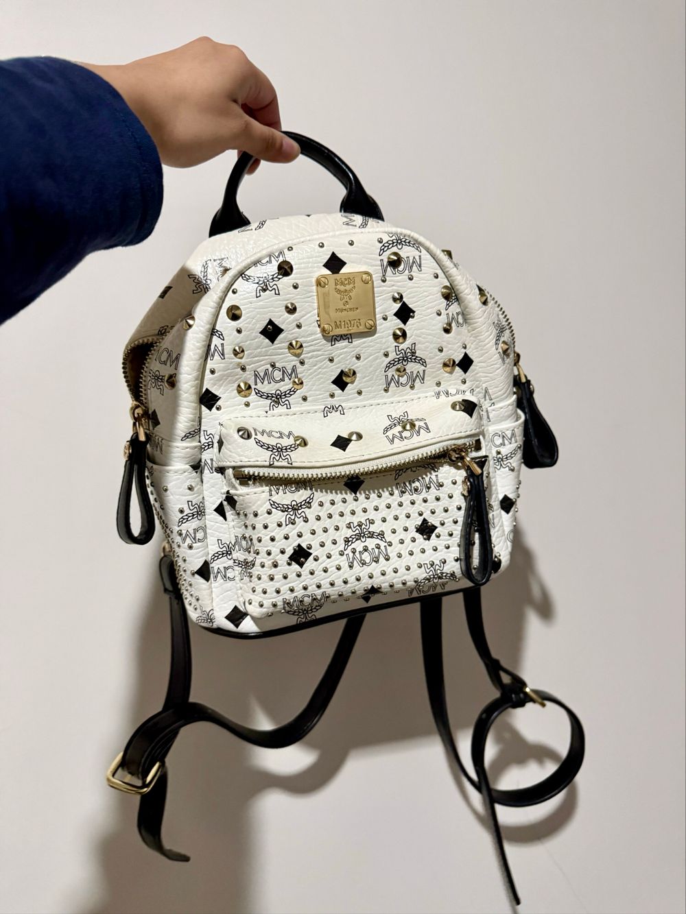 MCM White Studded Mini Backpack
