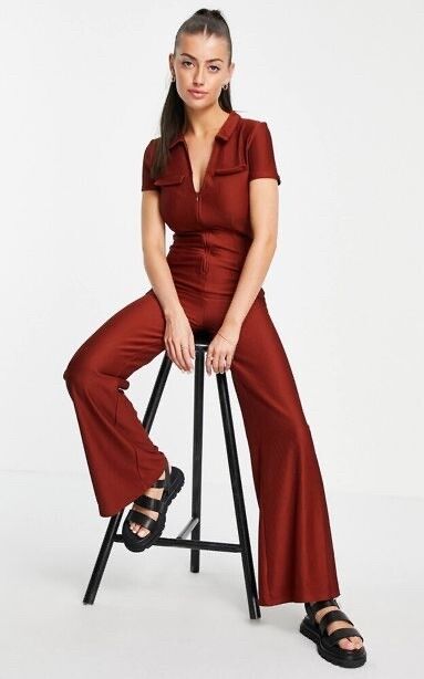 Coppery Brown Collared Zip Front 70s Jumpsuit
