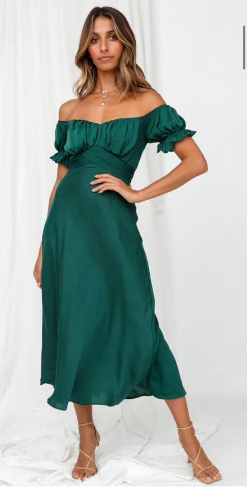 Saints + Secrets - Saints & Secrets Green Off-Shoulder Dress on Designer Wardrobe Saints + Secrets - Saints & Secrets Green Off-Shoulder Dress on Designer Wardrobe