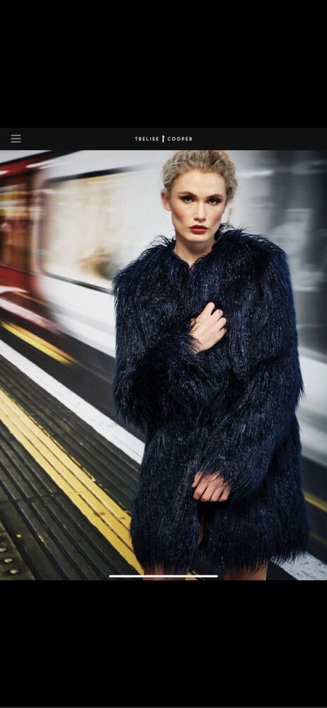 TRELISE COOPER Glamour Designer Sapphire Blue Faux Fur S Coat
