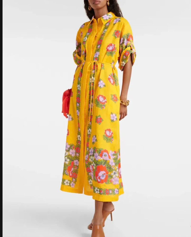Alemais Australia Award Winning Designer Yellow Floral Linen Shirt S Dress
