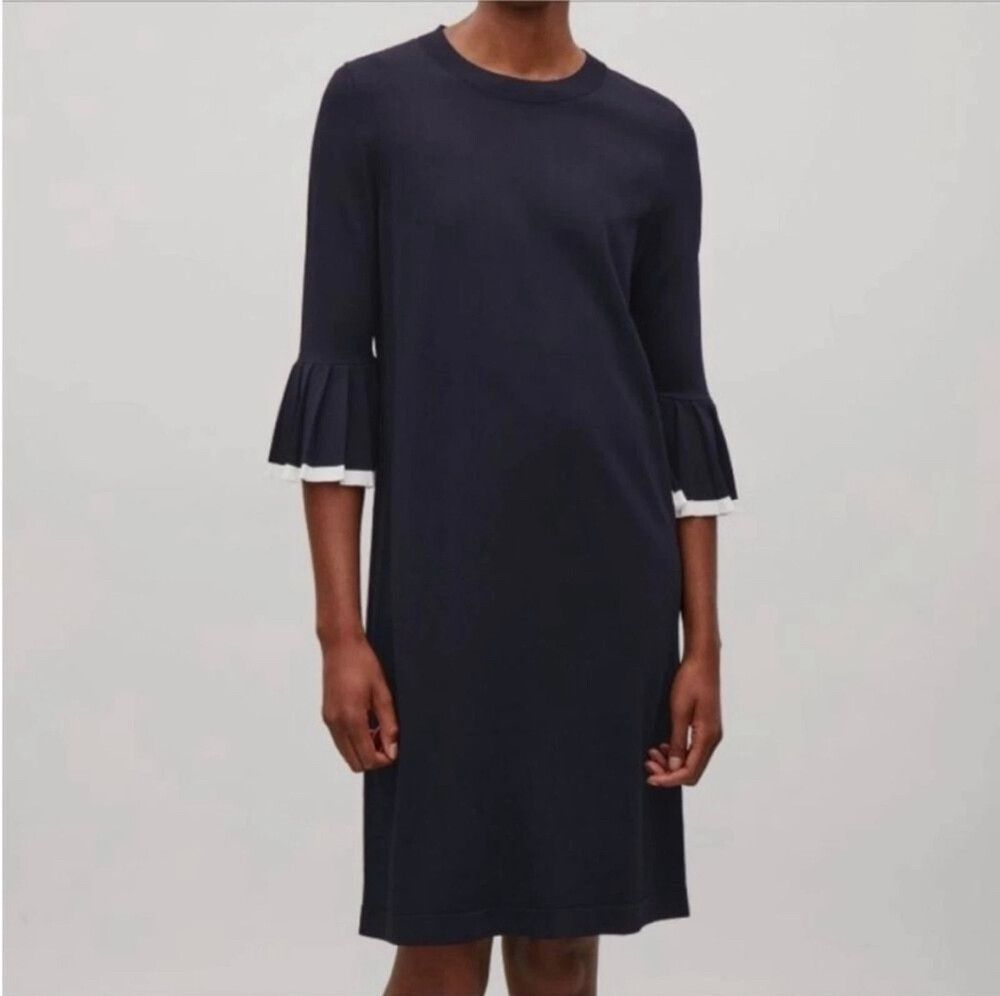 Cos London Designer Ink Sapphire  Bell Sleeve Ruffle Jersey Knit M Dress