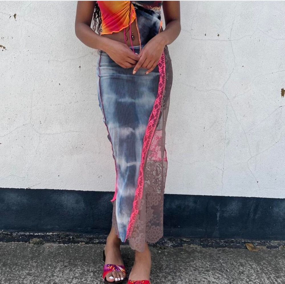 tie dye lace sheer maxi skirt