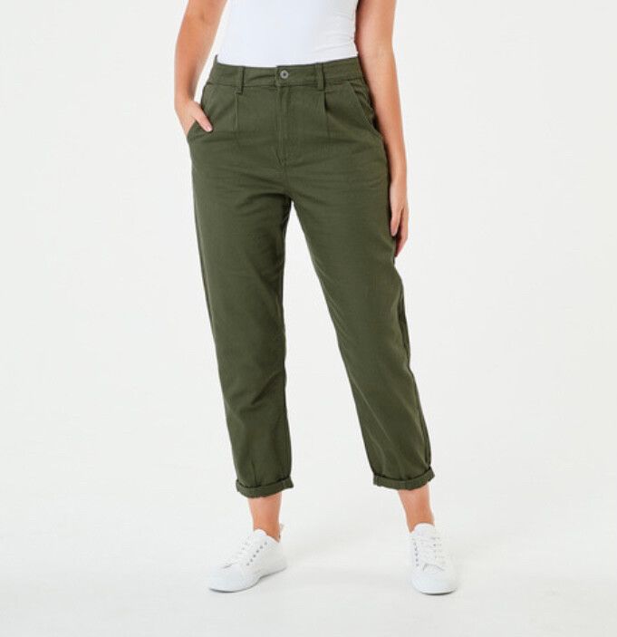 Khaki pleat front Tapered Pants