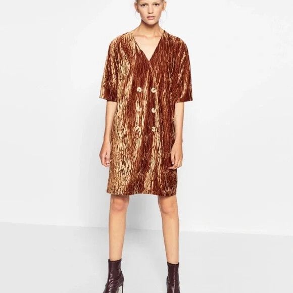 zara gold velvet dress Zara Gathered Midi Dress | Gold main image 0