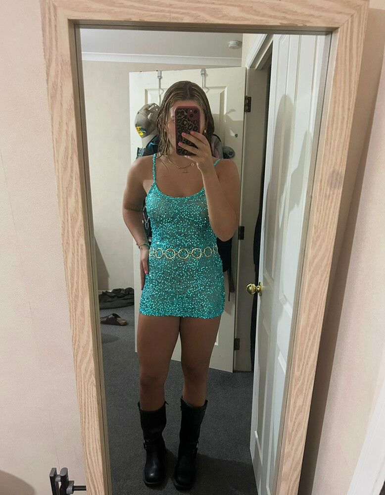 pepper mayo teal sequin dress