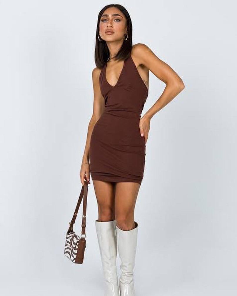 open lace back dress Lukea Long Sleeve Mini Dress | Brown | Womens main image 1