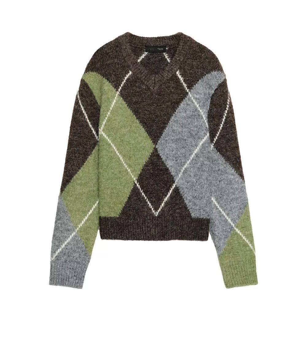 Brown Argyle V-Neck Jumper