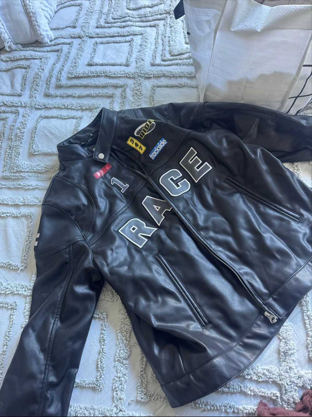 Black Leather Biker Jacket With Patches H&M