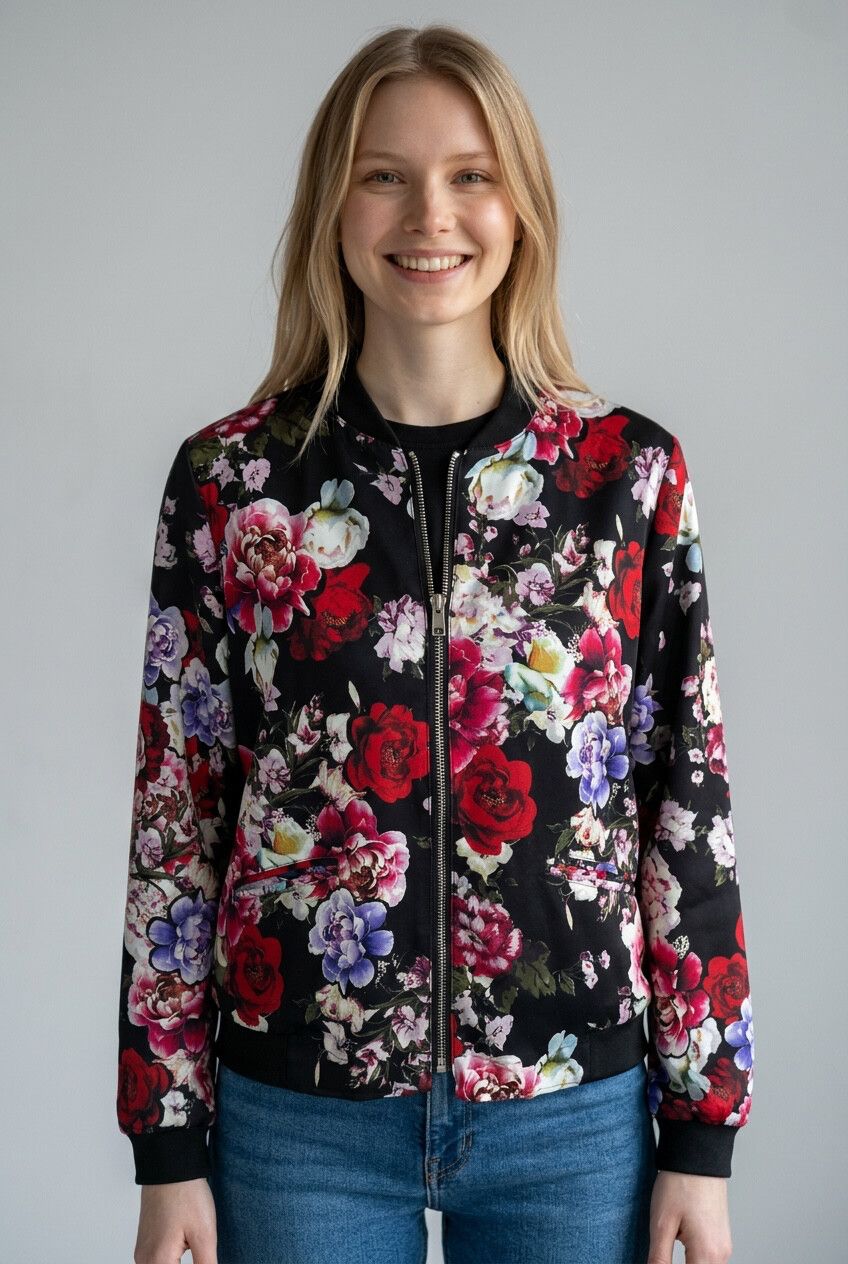 Decjuba Reversible Floral Bomber Jacket | Brushed Satin | Size 12