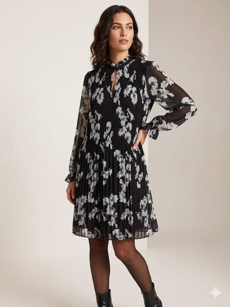 Witchery Black Floral Pleated Midi Dress – Sz 8 – Ruffle Neck
