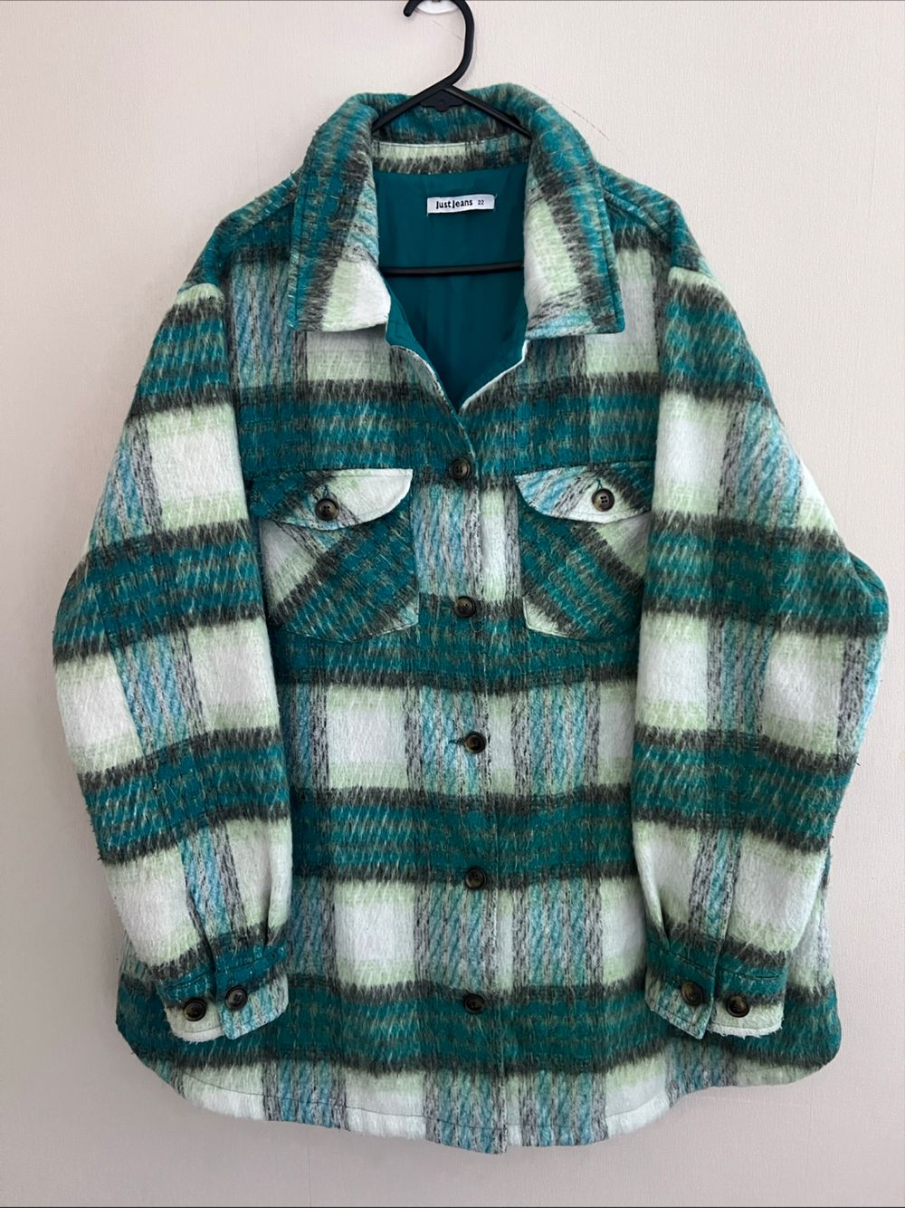 Just Jeans Teal Green Plaid Shacket Sz 22 Oversized Wool-Look Jacket