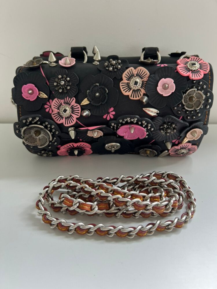 Authentic rare Coach Black/Pink Tea Rose Appliqué Double Dinky Satchel